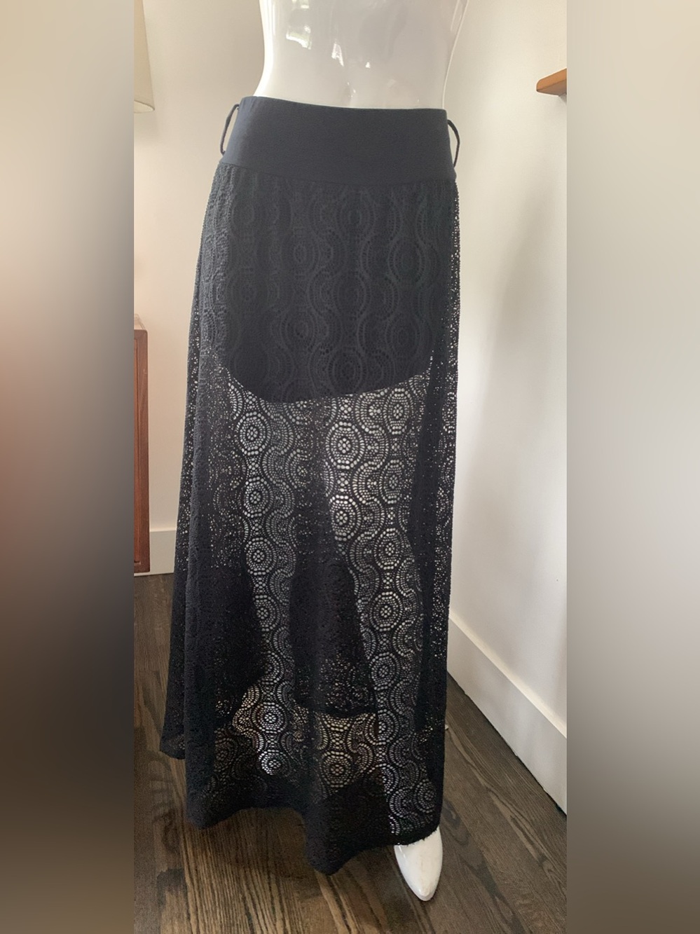 Suzy Shier Black Lace Maxi Skirt with Sheer Overlay